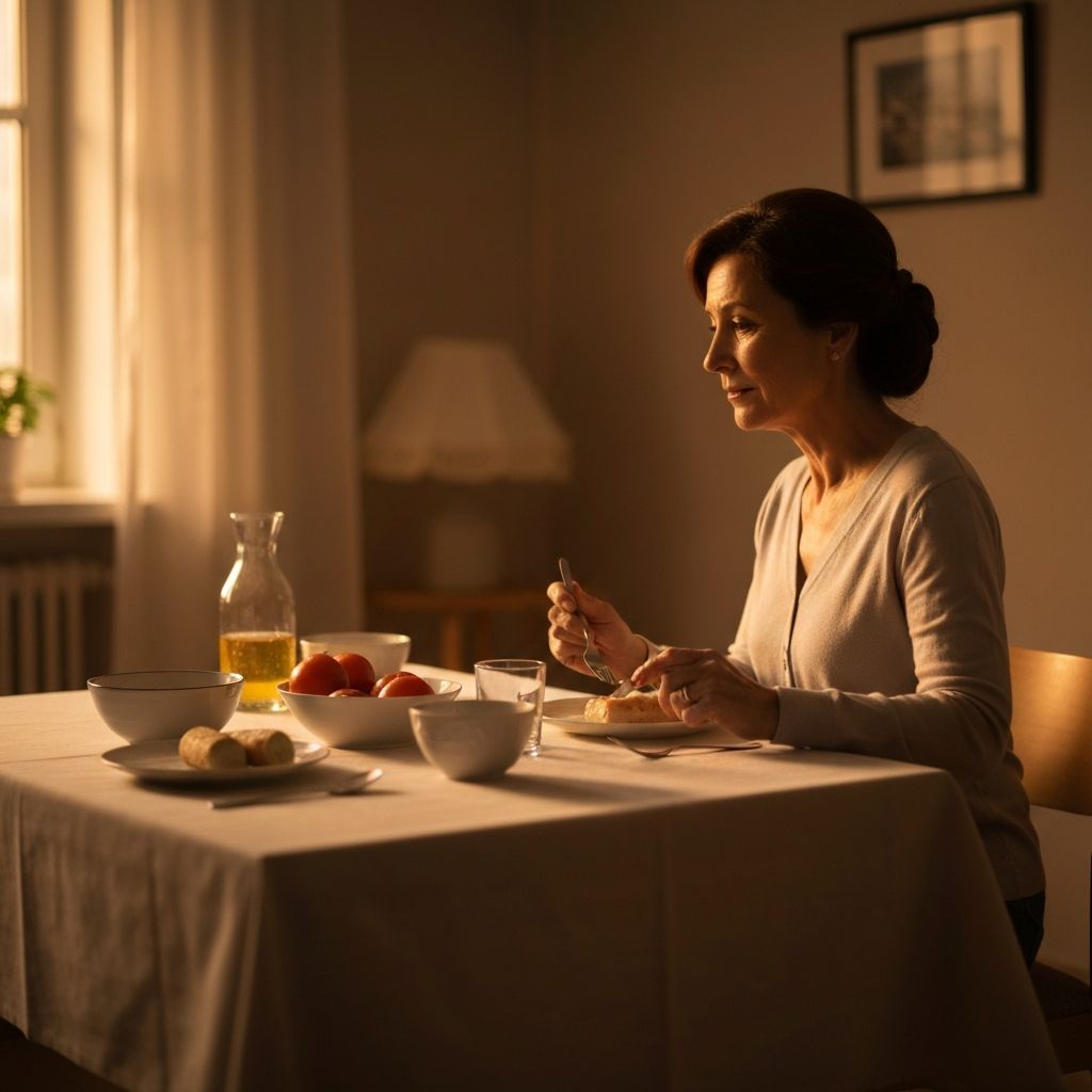 A calm evening meal at home with soft warm lighting