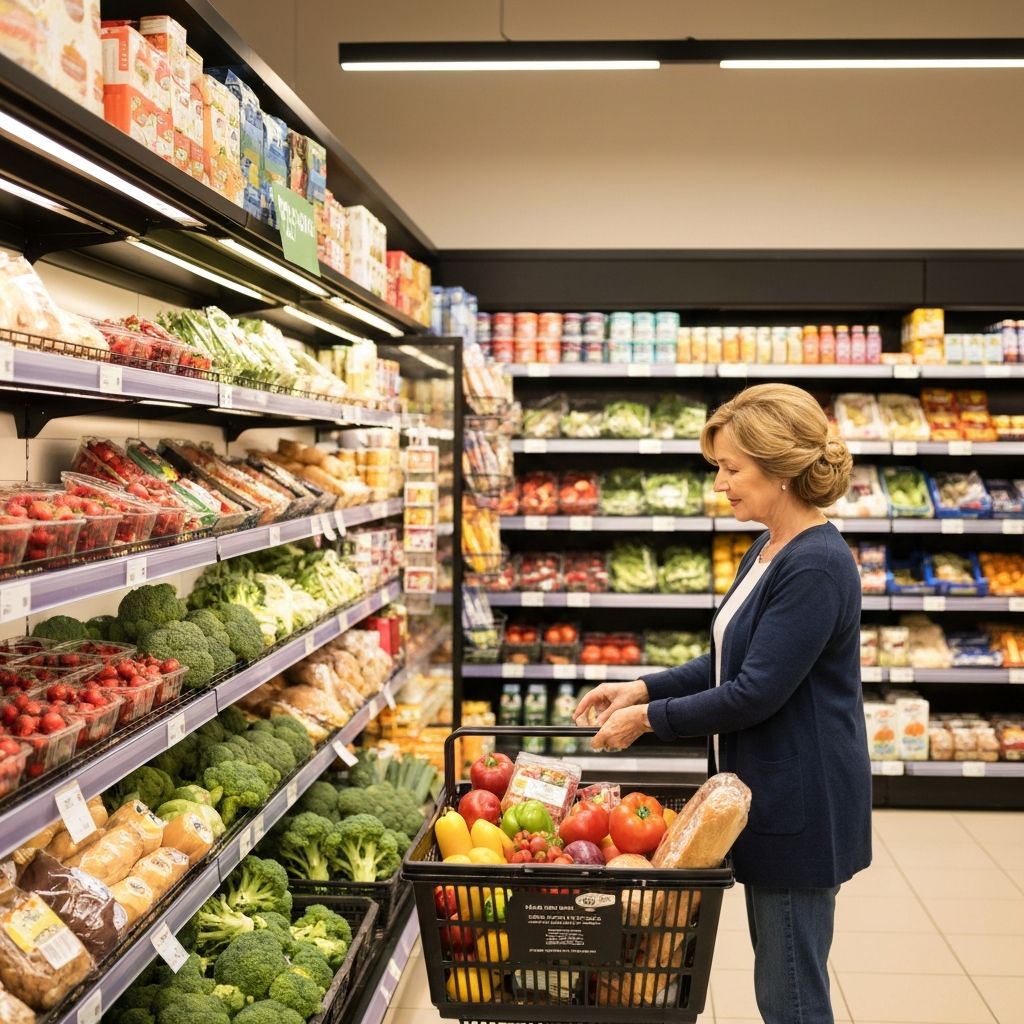 Person thoughtfully selecting items from a supermarket shelf